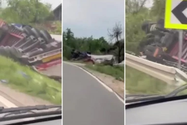 SNIMAK NESREĆE KOD ČAČKA: Šleper uleteo u dvorište i prevrnuo se, vozač teško povređen