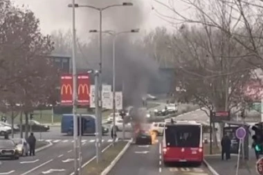 GORI AUTO NA ČUKARICI: Vatra bukti nasred puta (VIDEO)