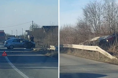 SAOBRAĆAJKA NA PUTU ŠABAC - LOZNICA: Automobil SMRSKAN na kolovozu, kamion PREVRNUT u jarku (VIDEO)