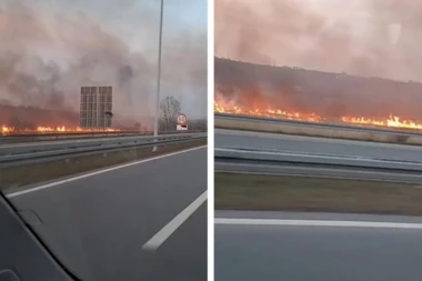 OPREZ! VATRENA LINIJA DUŽ AUTO-PUTA KOD MALOG POŽAREVCA! Gori nisko rastinje, plamen se razbuktava! (VIDEO)