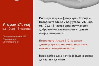 UVEK JE PRAVO VREME ZA DOBRA DELA: Akcija dobrovoljnog davanja krvi u Ateljeu 212