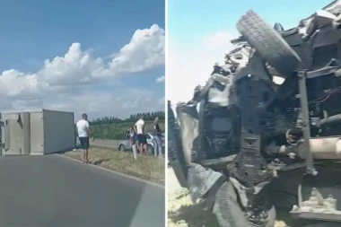 IMA POVREĐENIH! Kamion se prevrnuo i udario u automobil! TEŠKA NESREĆA NA ZRENJANINSKOM PUTU! (VIDEO)