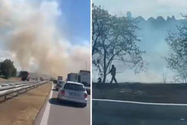 VELIKI POŽAR NA AUTO-PUTU NIŠ-MEROŠINA! Saobraćaj gotovo obustavljen, od dima se skoro ništa ne vidi! (VIDEO)