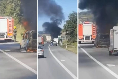 BUKTI POŽAR NA AUTO-PUTU KA BEOGRADU! Planuo motor automobila i progutao celo vozilo! (FOTO)