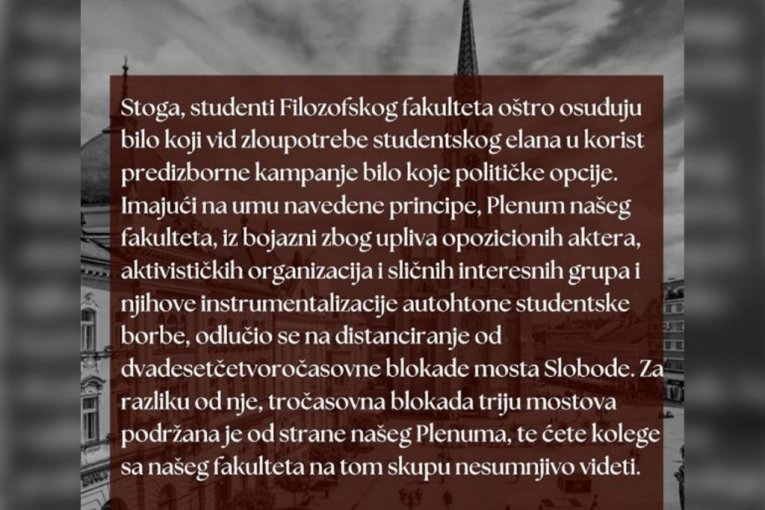 STUDENTI FILOZOFSKOG ODUSTALI OD 24 ČASA BLOKADE: Odluka pala zbog upliva opozicije, aktivista i interesnih grupa (FOTO)